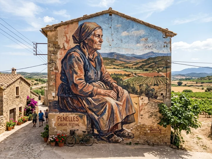 Mural gigantesco de una anciana campesina sobre la fachada de piedra de una casa de pueblo en Penelles