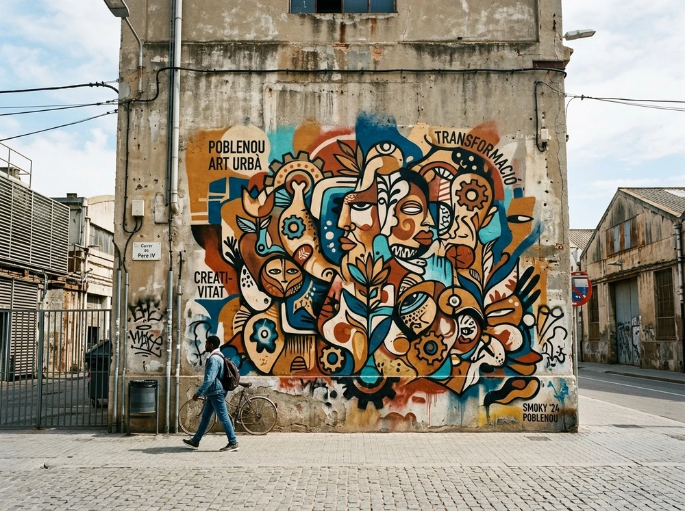 Gran mural de estilo orgánico y figurativo sobre pared industrial de fábrica en el Poblenou de Barcelona